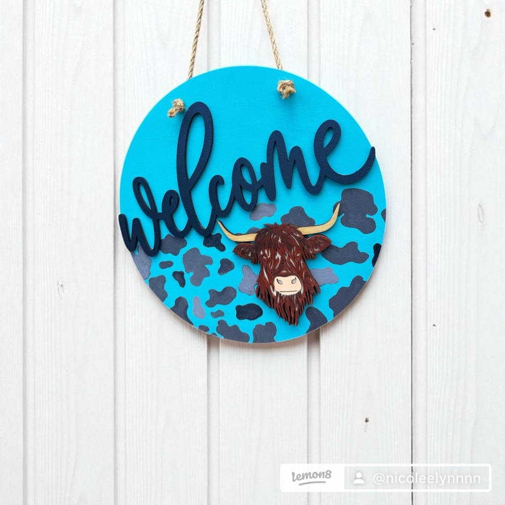 Hand Crafted Blue and Brown cow Welcome sign